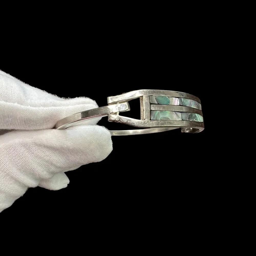 Vintage Alpaca Mexico Abalone Bangle Bracelet Silver Tone 7.5 in Signed Inlay